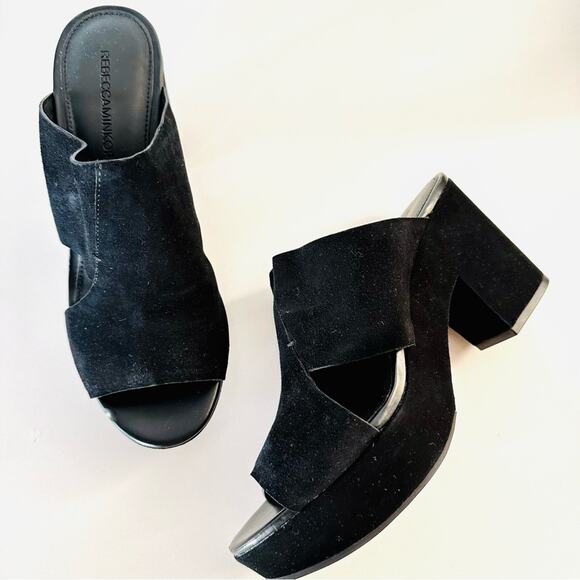 NEW REBECCA MINKOFF Classic Black Suede Chunky Platform Heeled Sandals Mules 8.5 - Picture 5 of 12